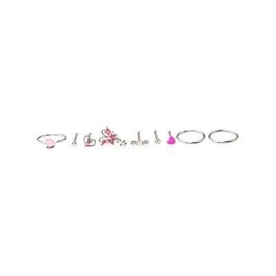 Multi-Pack CZ Heart Hoop Nose Rings and Bone Nose Rings 9 Pack - 20 Gauge
