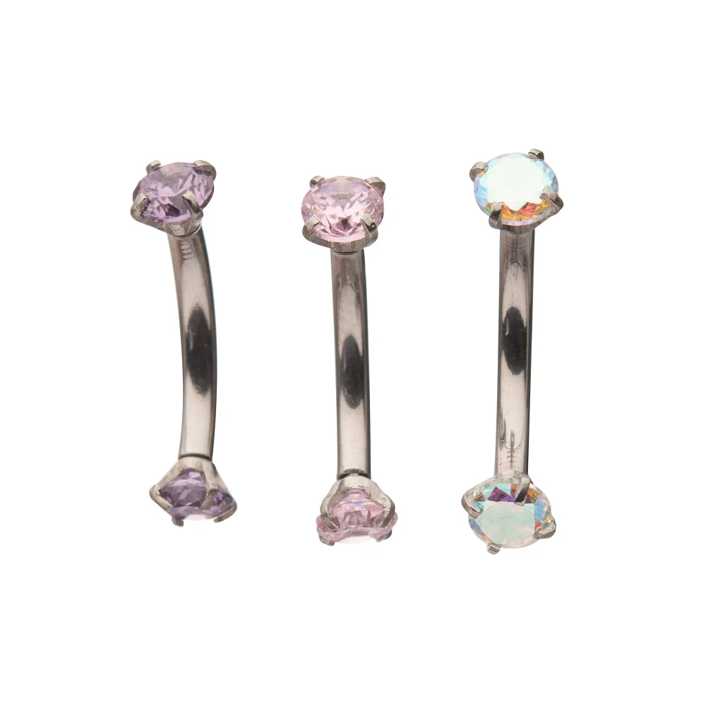 Multi-Pack CZ Aurora Borealis-Effect Pink and Purple Curved Barbells 3 Pack - 16 Gauge
