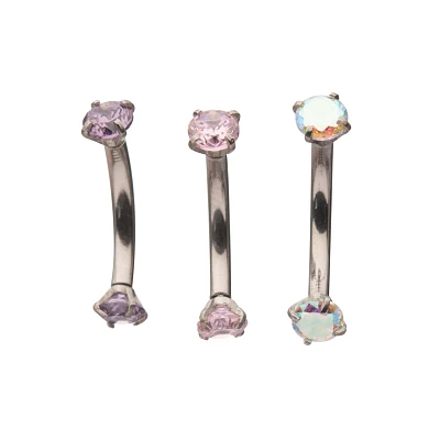 Multi-Pack CZ Aurora Borealis-Effect Pink and Purple Curved Barbells 3 Pack - 16 Gauge