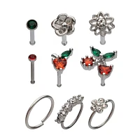 Multi-Pack Red CZ Cherry Heart Hoops and Bone Nose Rings 9 Pack - 20 Gauge