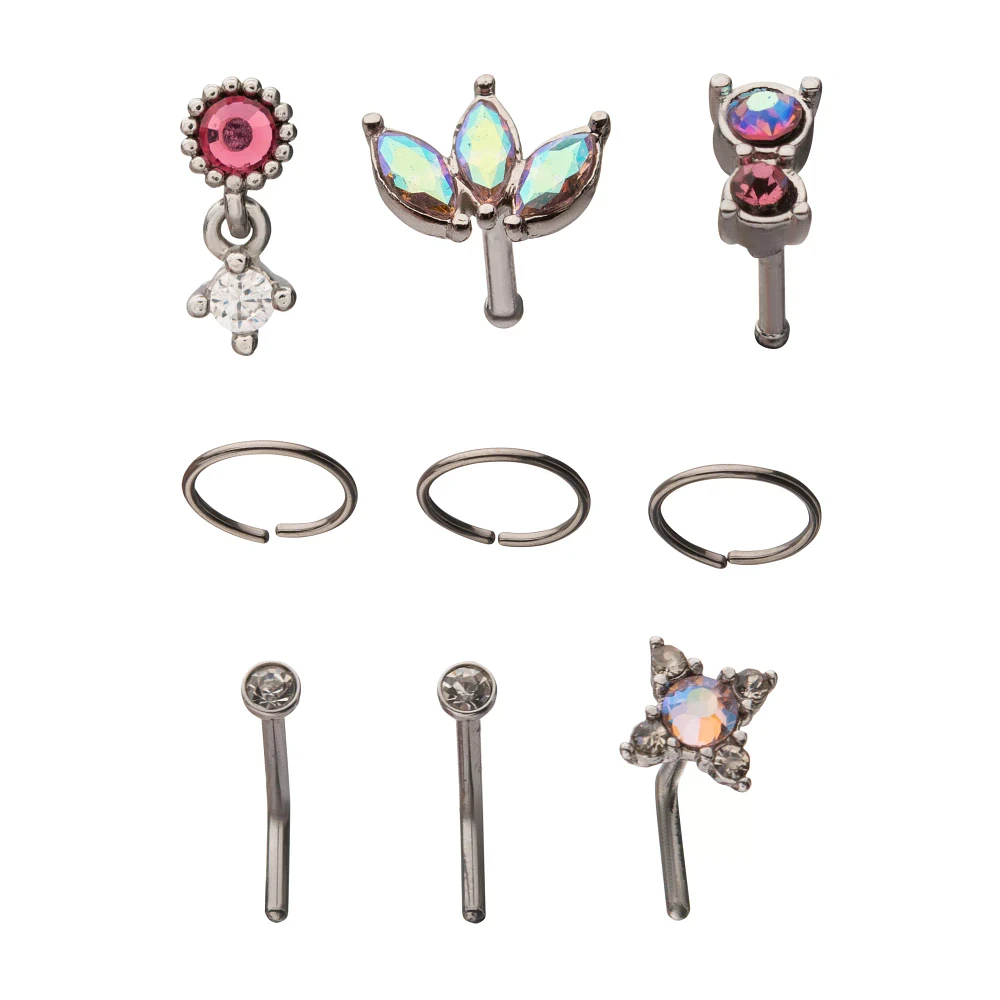 Multi-Pack Pink CZ Pin Hoop and L-Bend Nose Rings 9 Pack - 20 Gauge