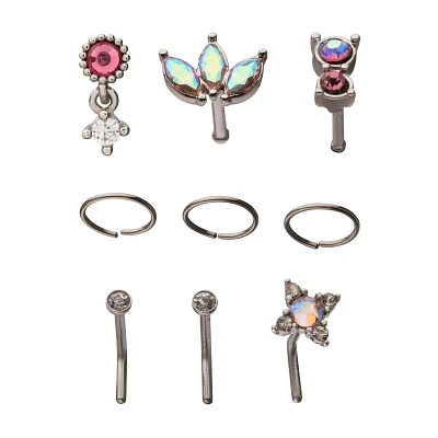 Multi-Pack Pink CZ Pin Hoop and L-Bend Nose Rings 9 Pack - 20 Gauge