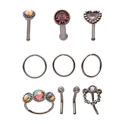 Multi-Pack CZ Pink Heart and Dangle Pin L-Bend and Hoop Nose Rings 9 Pack - 20 Gauge