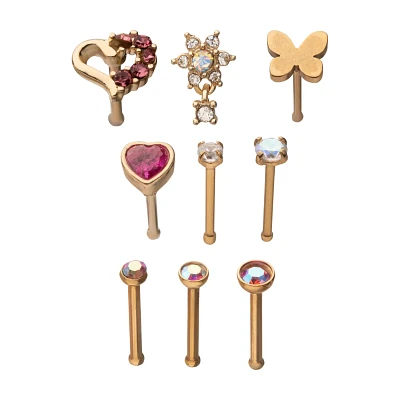 Multi-Pack CZ Butterfly and Heart Pin Nose Rings 9 Pack - 20 Gauge