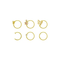 Multi-Pack CZ Goldtone Titanium Butterfly Hoop and Half Nose Rings 6 Pack - 20 Gauge