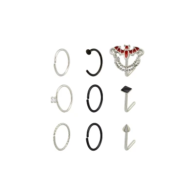 CZ Multi-Pack Bat Chain Dangle L Bend and Hoop Nose Rings 9 Pack - 20 Gauge