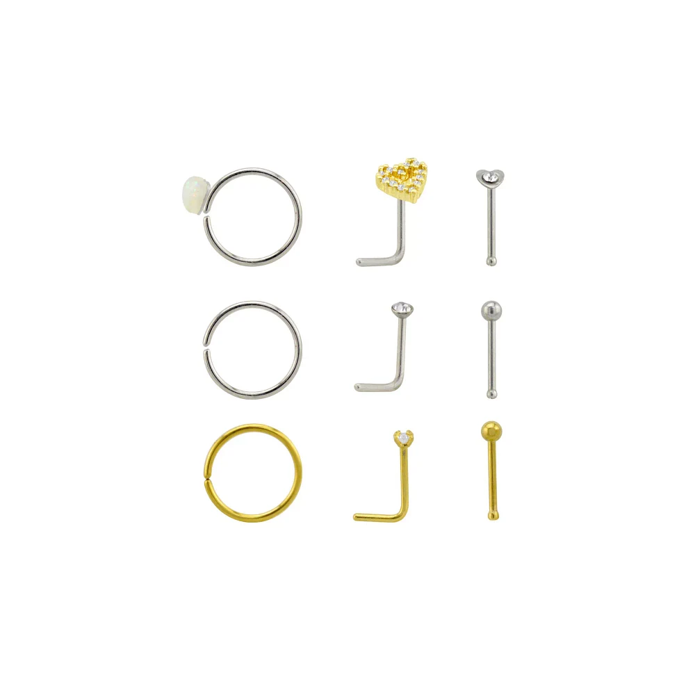 Multi-Pack CZ Goldtone and Silvertone Heart Nose Rings 9 Pack - 20 Gauge