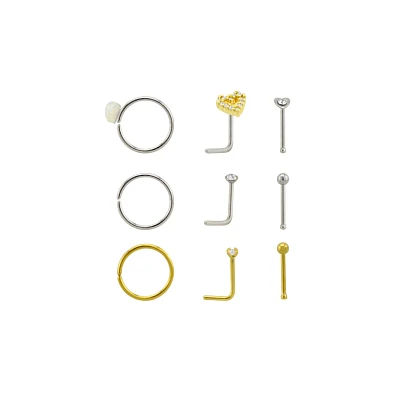 Multi-Pack CZ Goldtone and Silvertone Heart Nose Rings 9 Pack - 20 Gauge