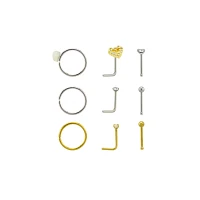 Multi-Pack CZ Goldtone and Silvertone Heart Nose Rings 9 Pack - 20 Gauge