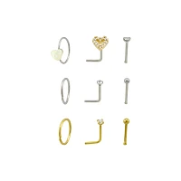 Multi-Pack CZ Goldtone and Silvertone Heart Nose Rings 9 Pack - 20 Gauge