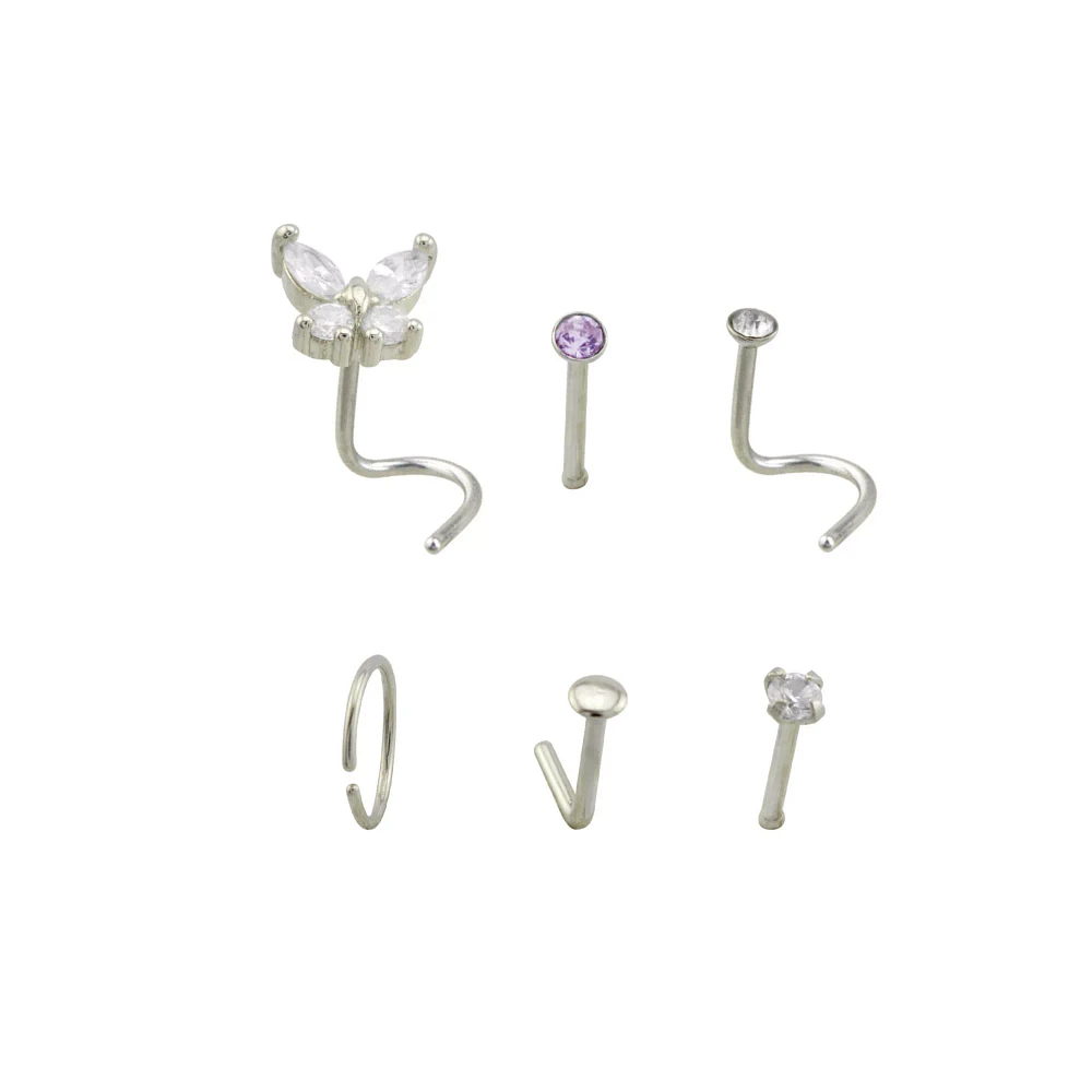 CZ Multi-Pack Purple Butterfly Nose Rings 6 Pack - 20 Gauge