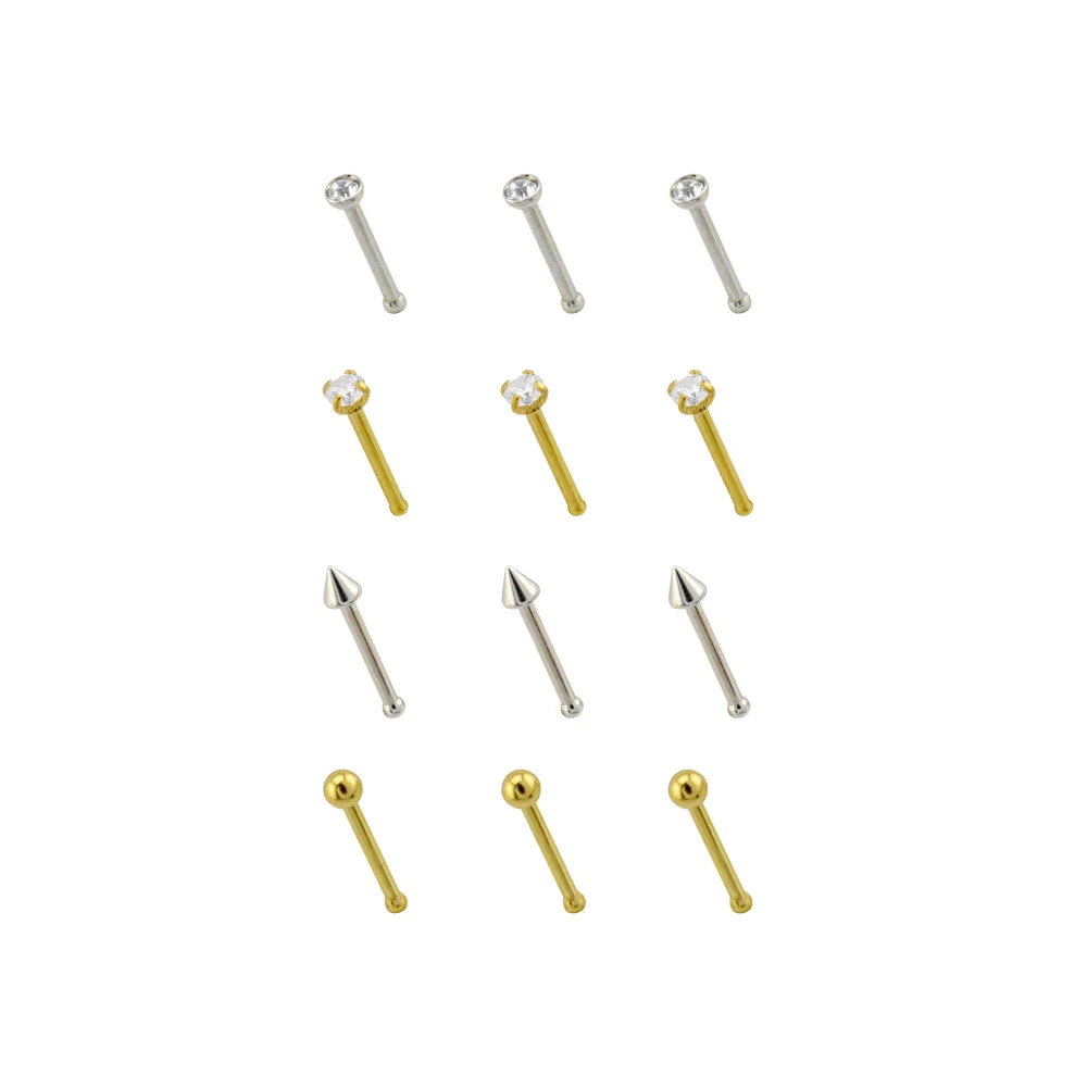 Multi-Pack Goldtone and Silvertone Spike Nose Pins 12 Pack - 20 Gauge