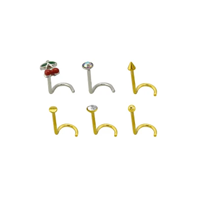 Multi-Pack CZ Cherry Corkscrew Nose Rings 6 Pack - 20 Gauge