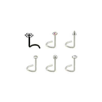 Multi-Pack CZ Retro Flower Corkscrew Nose Rings 6 Pack - 20 Gauge