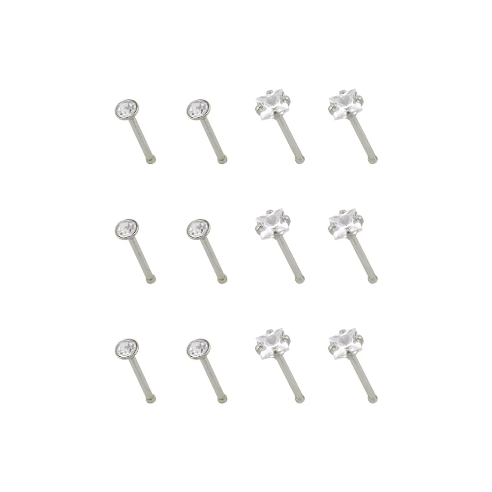 Multi-Pack CZ Square Prong Nose Pins 12 Pack - 20 Gauge