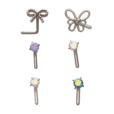 Multi-Pack CZ Multi-Color Bow Butterfly L-Bend Nose Rings 6 Pack - 20 Gauge