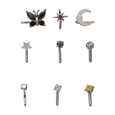 Multi-Pack CZ Multi-Color Butterfly Moon Star L-Bend Nose Rings 9 Pack - 20 Gauge