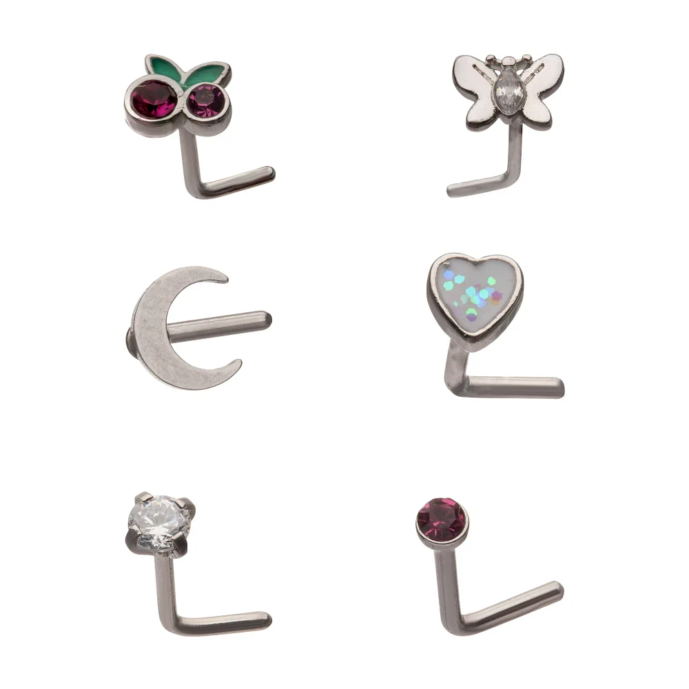 Multi-Pack CZ Cherry Butterfly Moon Star L-Bend Nose Rings 6 Pack - 20 Gauge