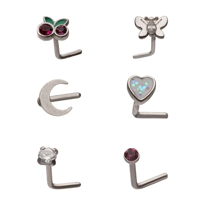 Multi-Pack CZ Cherry Butterfly Moon Star L-Bend Nose Rings 6 Pack - 20 Gauge