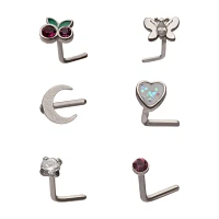 Multi-Pack CZ Cherry Butterfly Moon Star L-Bend Nose Rings 6 Pack - 20 Gauge