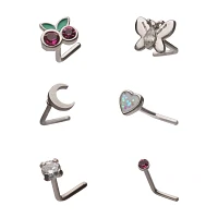 Multi-Pack CZ Cherry Butterfly Moon Star L-Bend Nose Rings 6 Pack - 20 Gauge