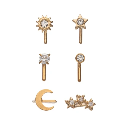 Multi-Pack CZ Goldtone Sun Moon Star L-Bend Nose Rings 6 Pack - 20 Gauge