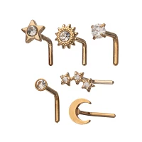 Multi-Pack CZ Goldtone Sun Moon Star L-Bend Nose Rings 6 Pack - 20 Gauge