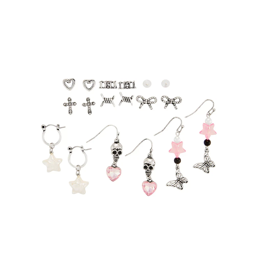 Multi-Pack Star Skull Bow Butterfly Cross Earrings - 9 Pair