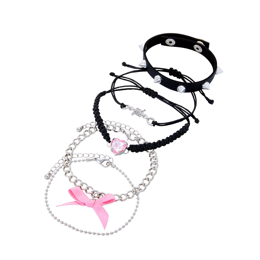 Multi-Pack Heart and Bow Chain Bracelets - 5 Pack