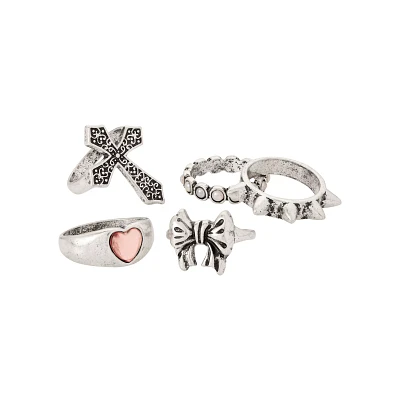 Multi-Pack Pink Heart Bow and Cross Rings - 5 Pack