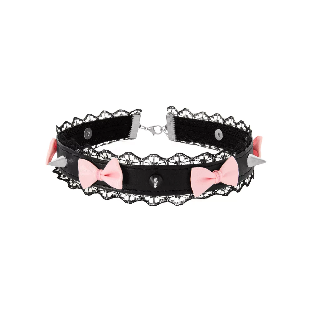 Black Lace Bow Spiked Choker Necklace