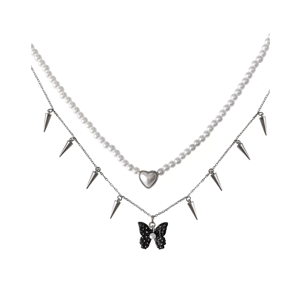 Pearl-Effect and Butterfly Spike Double Strand Necklace