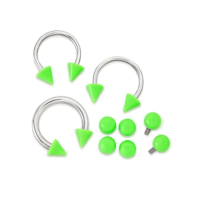 Kayla Malecc Multi-Pack Titanium Horseshoe Rings with Neon Green Ends and Extra Balls 3 Pack - 20-16 Gauge