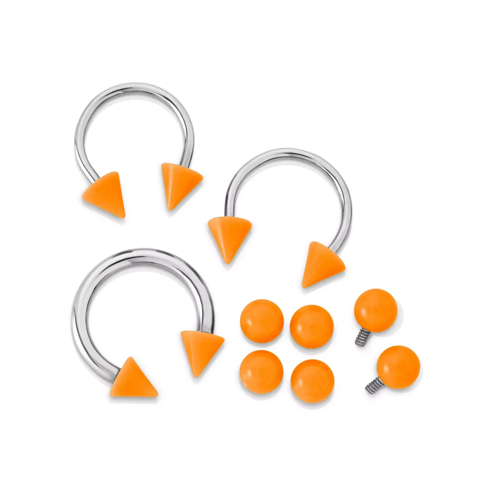 Kayla Malecc Multi-Pack Titanium Horseshoe Rings with Neon Orange Ends and Extra Balls 3 Pack - 20-16 Gauge