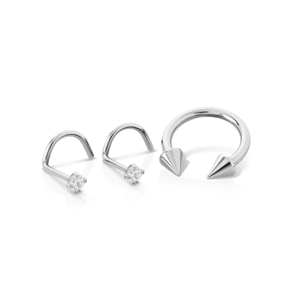 Kayla Malecc Multi-Pack CZ Titanium Horseshoe Ring and Screw Nose Rings with Silvertone Ends 3 Pack - 20-16 Gauge