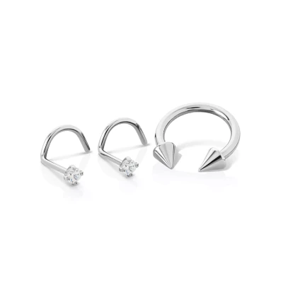 Kayla Malecc Multi-Pack CZ  Titanium Horseshoe Ring and Screw Nose Rings with Silvertone Ends 3 Pack - 20-16 Gauge