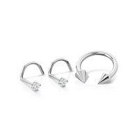 Kayla Malecc Multi-Pack CZ  Titanium Horseshoe Ring and Screw Nose Rings with Silvertone Ends 3 Pack - 20-16 Gauge