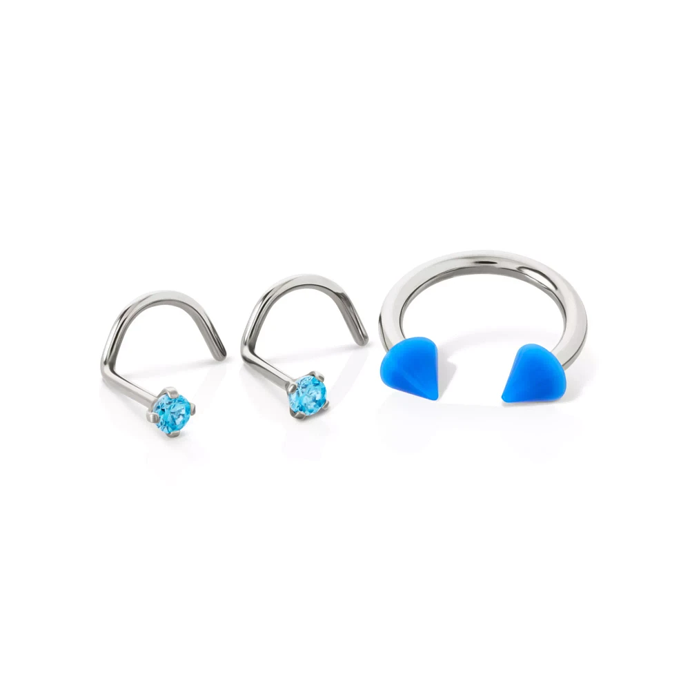 Kayla Malecc Multi-Pack CZ Titanium Horseshoe and Screw Nose Rings with Blue Ends 3 Pack - 20-16 Gauge