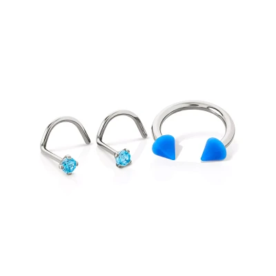 Kayla Malecc Multi-Pack CZ Titanium Horseshoe and Screw Nose Rings with Blue Ends 3 Pack - 20-16 Gauge