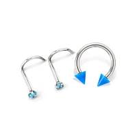 Kayla Malecc Multi-Pack CZ Titanium Horseshoe and Screw Nose Rings with Blue Ends 3 Pack - 20-16 Gauge