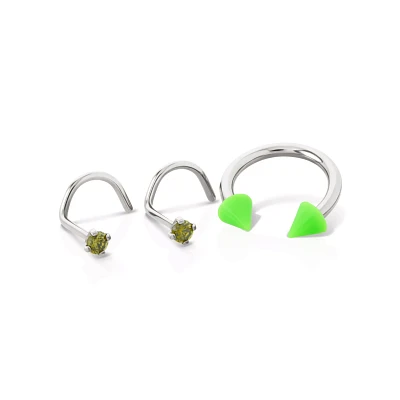 Kayla Malecc Multi-Pack CZ Horseshoe and Screw Nose Rings with Green Ends 3 Pack – 20-16 Gauge