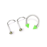 Kayla Malecc Multi-Pack CZ Horseshoe and Screw Nose Rings with Green Ends 3 Pack – 20-16 Gauge
