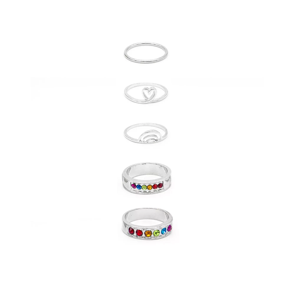 Multi-Pack CZ Rainbow Heart and Silvertone Rings - 5 Pack
