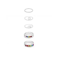 Multi-Pack CZ Rainbow Heart and Silvertone Rings - 5 Pack