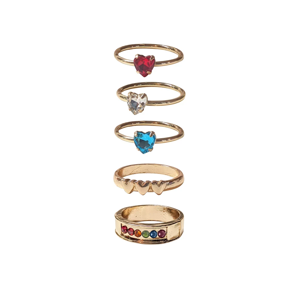 Multi-Pack Goldtone and Rainbow Hearts Rings - 5 Pack