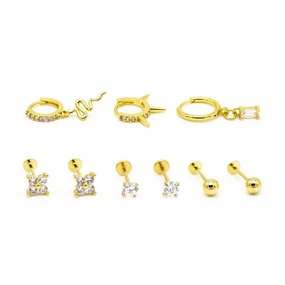 Multi-Pack CZ Goldtone Snake Hoop and Stud Cartilage Earrings - 9 Pack