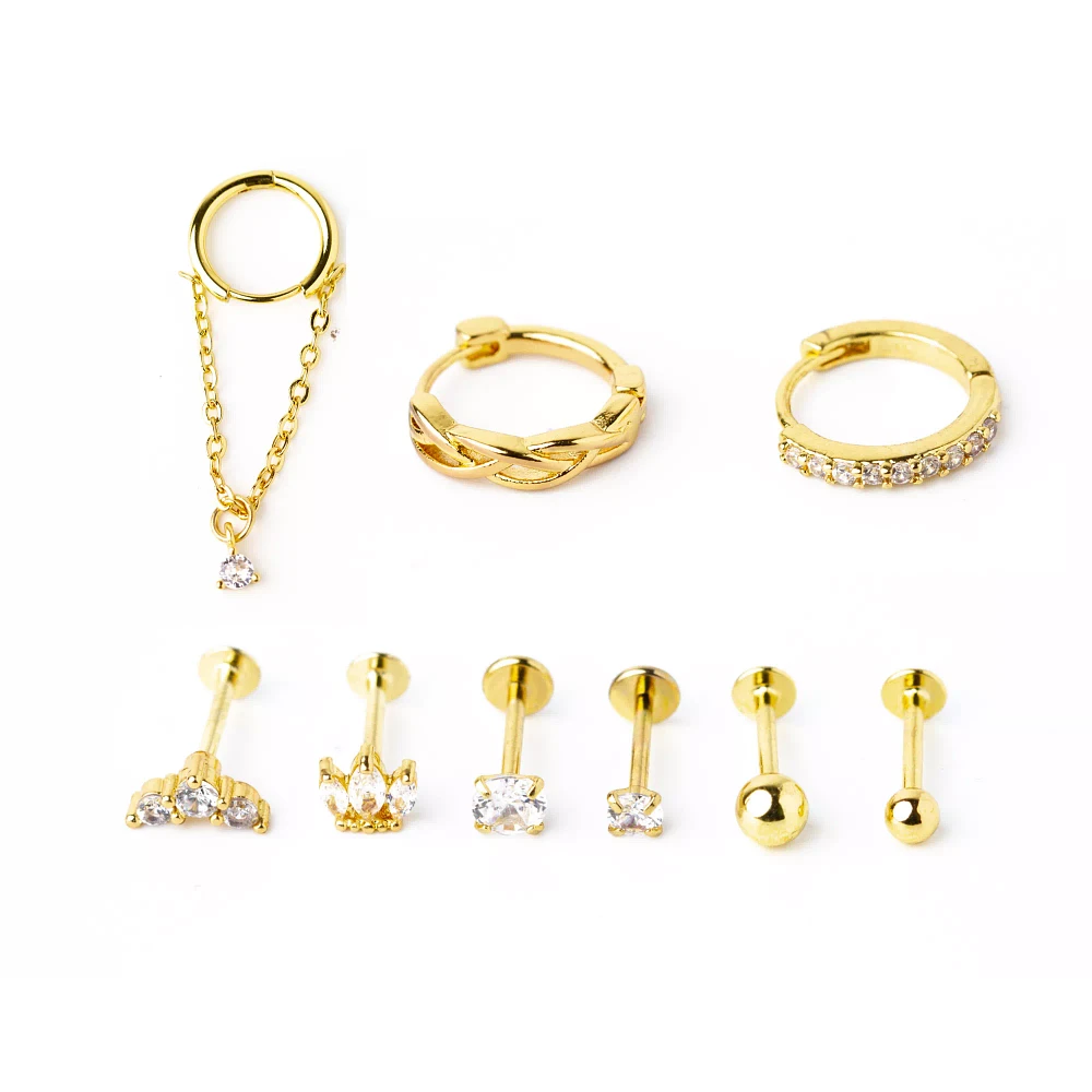 Multi-Pack Goldtone CZ Cartilage Earrings 9 Pack - 18 Gauge