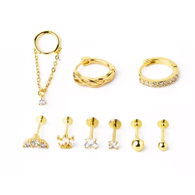 Multi-Pack Goldtone CZ Cartilage Earrings 9 Pack - 18 Gauge