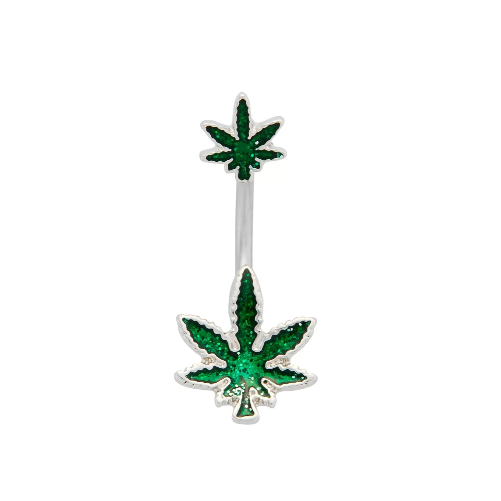Glitter Weed Leaf Titanium Belly Ring - 14 Gauge