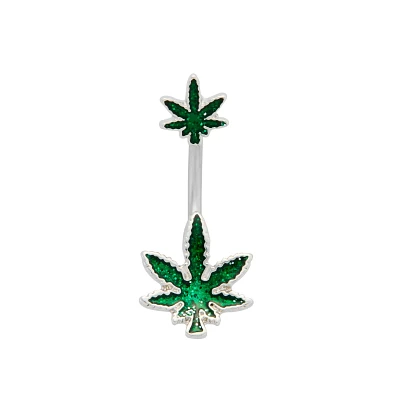 Glitter Weed Leaf Titanium Belly Ring - 14 Gauge